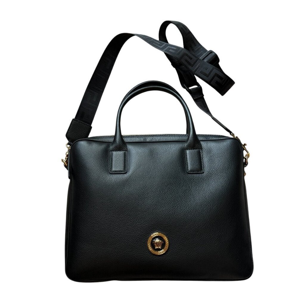 VERSACE 1013360 BLACK LEATHER MEDUSA MEDALION BRIEFCASE MESSENGER SHOULDER BAG - Picture 7 of 15